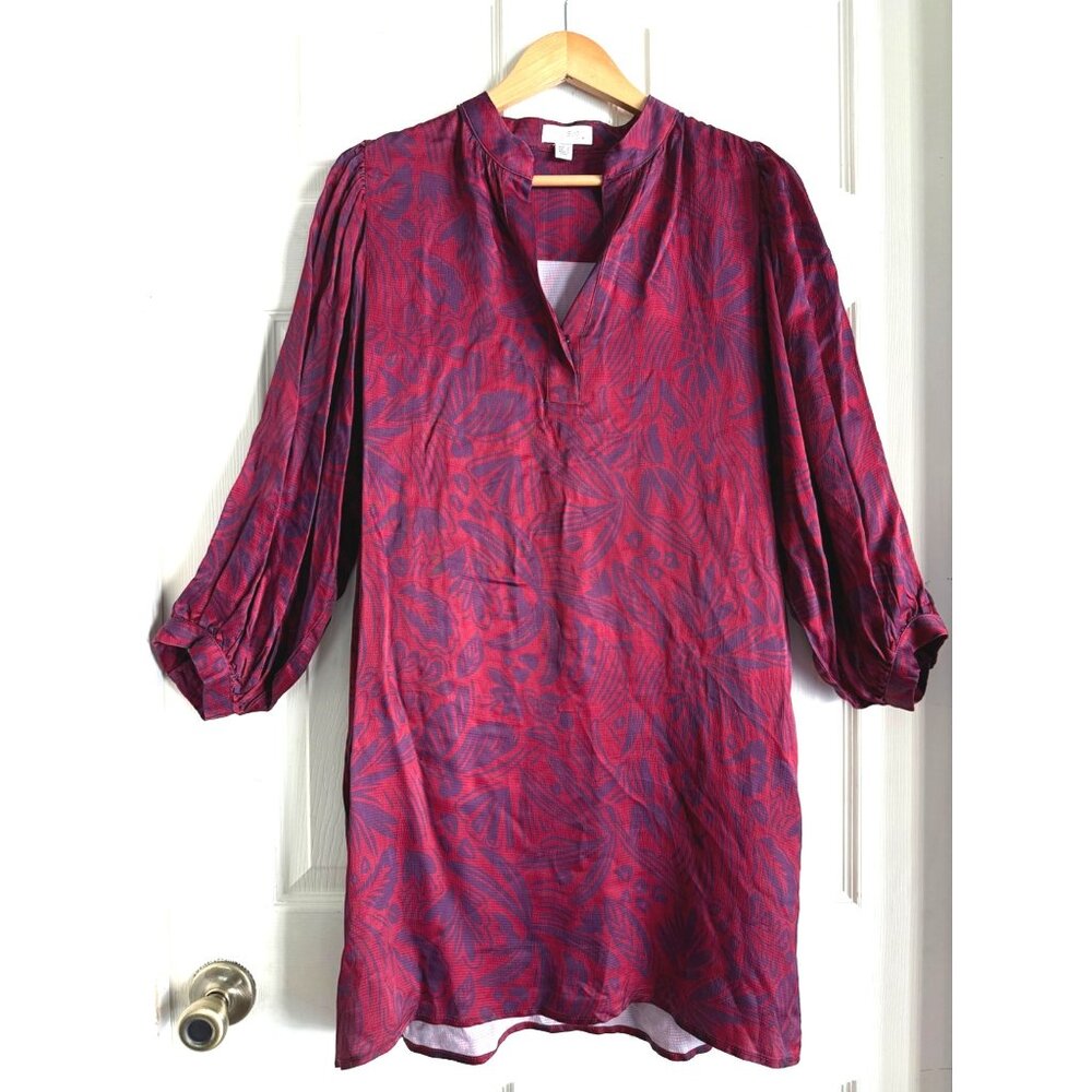 Size M See You Soon deep red navy silky shirt dress loose slouch fit puff sleeve